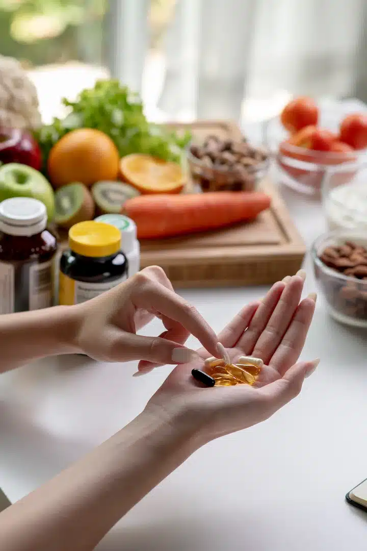 A person holding nutraceutical supplements stands over a table adorned with an array of fresh fruits, nuts, and vegetables. This scene captures the essence of wellness that can be enhanced by visits to med spas in Cooper City, where holistic health practices and the latest in beauty treatments converge for overall rejuvenation.